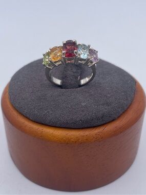 925 Sterling Silver Multi Gemstone Five Stone Ring Garnet Blue Topaz Amethyst s6
